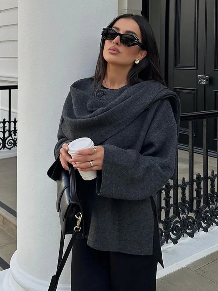 Autumn Short Gray Knitted Cape Coat with Scarf Women Fashion Long Sleeve Loose Cardigan Female Winter Elegant Chic Streetwear