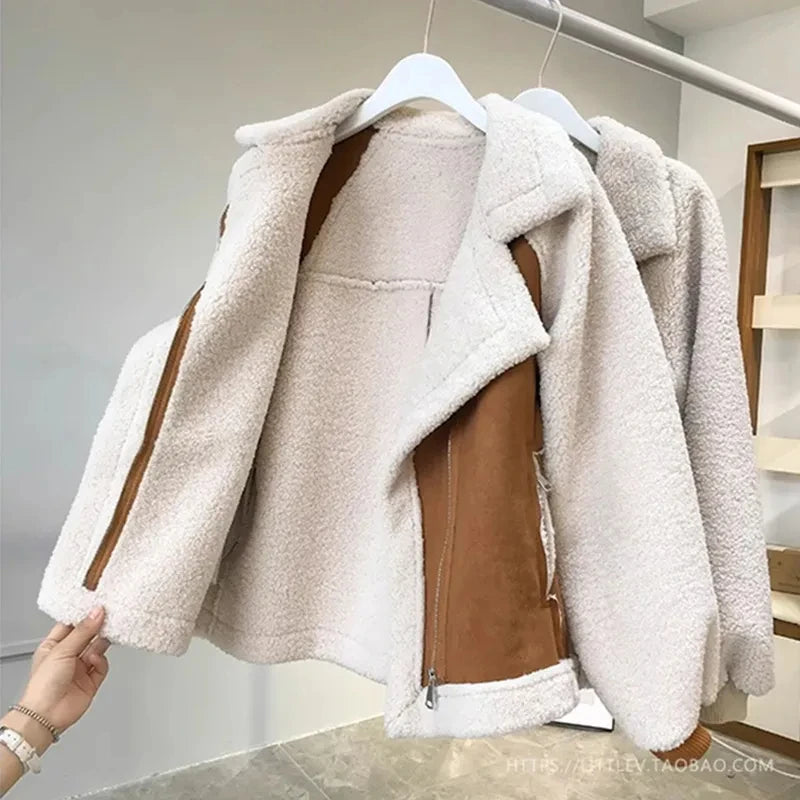 Woolen Jacket Women 2023 Winter Long Sleeve Lapel Thicken Female Coat  Fashion Street Zipper Pocket Loose Warm Lady Outwear