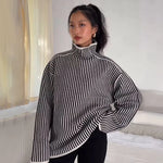 Women Elegant Striped Loose Warm Sweater Fashion High Collar Long Sleeve Thicken Pullovers 2023 Autumn Female Casual Streatwear