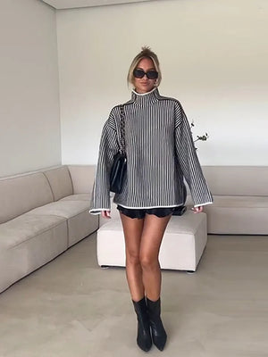 Women Elegant Striped Loose Warm Sweater Fashion High Collar Long Sleeve Thicken Pullovers 2023 Autumn Female Casual Streatwear