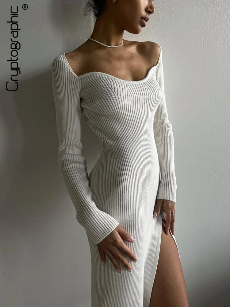 Cryptographic Square Collar Elegant Ribbed Knitting Slit Dress for Women Autumn Winter Fashion Outfits Sexy Midi Dresses Clothes