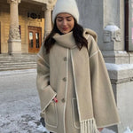 Faux Cashmere Splice Overcoat With Scarf Women Fleece Chic Long Sleeve Solid Plush Thick Coats 2023 Autumn Winter Warm Jackets