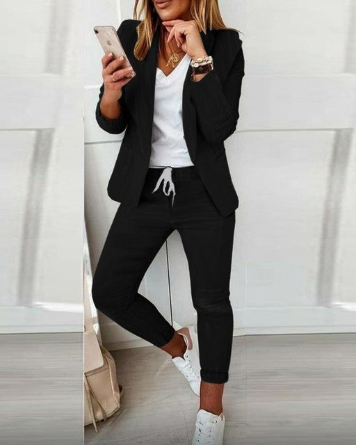 Women Suit 2-piece Jacket + Pants Sets 2023 Spring Autumn New Fashion Casual Turn-down Collar Long Sleeve Blazer Set Office Lady